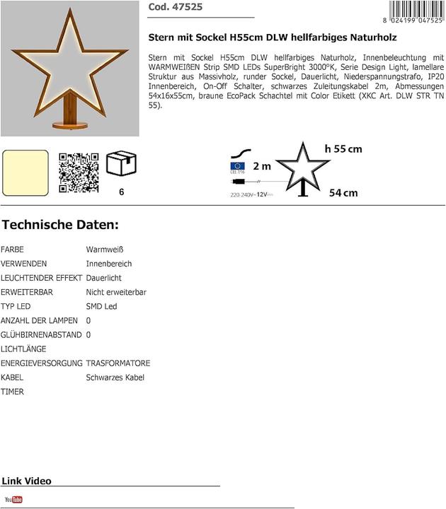 Actual product image Novaliv LED Star Lamp 55cm Natural Wood Table Lamp LED with Power Cable SMD LED Warm White