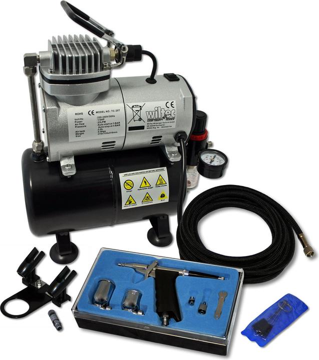 Actual product image Wiltec Airbrush Compressor Set for Beginners with AS186 1 Airbrush Gun and Multiple Accessories