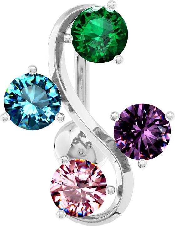 Star Piercing Banane silber mit Kugel Rebe mit vier Kristallen farbig (Chirurgenstahl 316L, Messing)
