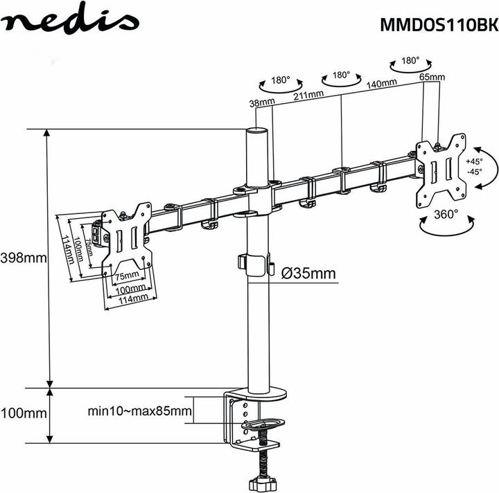 Produktbild Nedis Schreibtisch Monitorhalterung | 2 Bildschirm(e) | 15 - 32 " | 75x75 / 100x100 | Vollbeweglich (Tisch, 32")