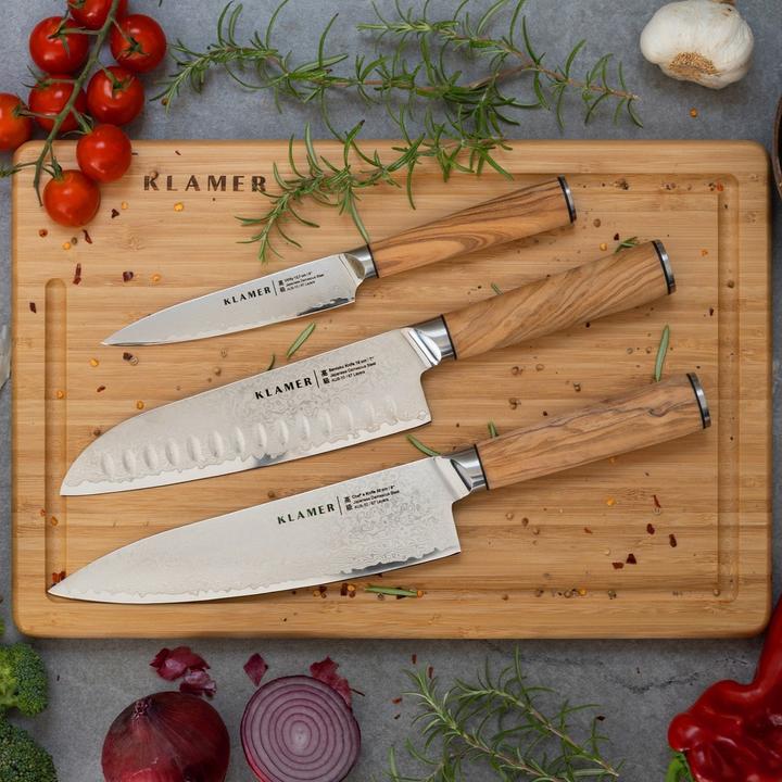 Immagine prodotto KLAMER Santoku Damastmesser Olive 18 cm Kochmesser (18 cm)