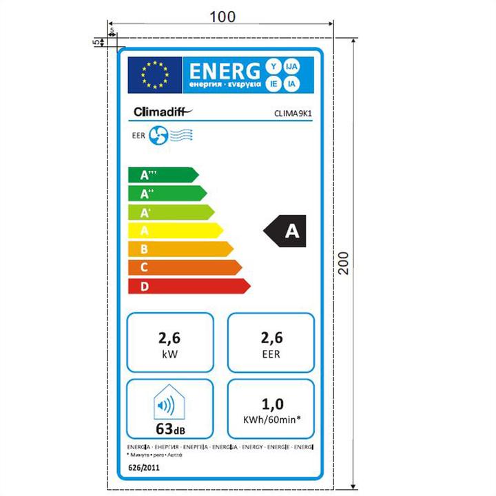Etichetta energetica Climadiff Clima9K1 (27 m², 9000 BTU/h)