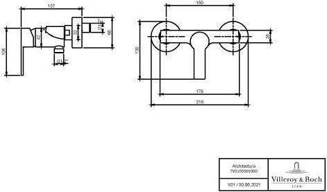 Produktbild Villeroy & Boch V&B Einhand-Brausebatterie ARCHITECTURA Wandmontage, 218x130x137mm chrom