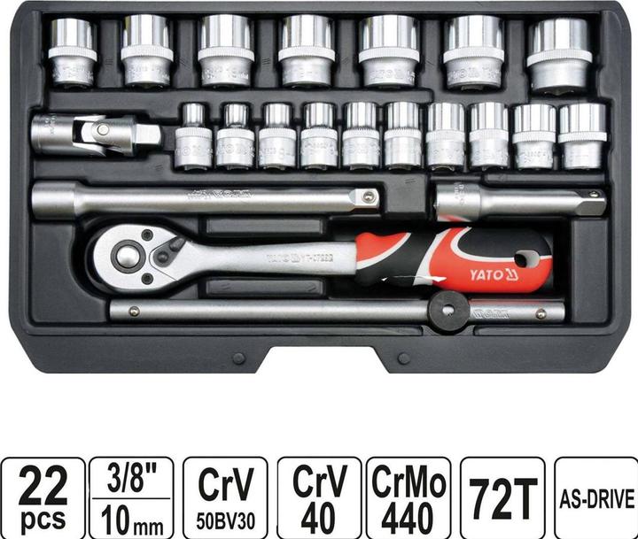 Produktbild Yato YT-38561 Werkzeugkasten Steckschlüssel Satz 22 tlg. 3/8" mit Knarre (3/8")