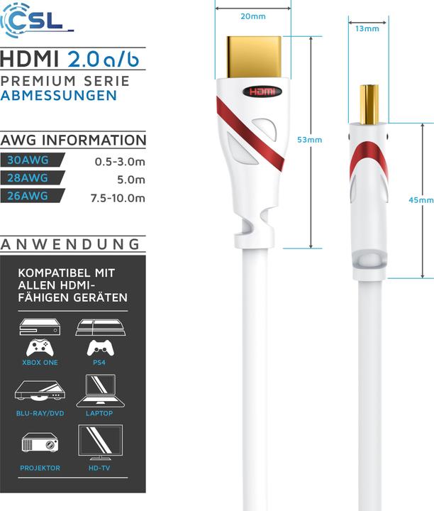 Produktbild CSL HDMI Kabel 2.0b - 4k Ultra HD 2160p - 3D Ready - High Speed - 3 fach geschirmt - HDMI 2.0b 2.0a 2.0 (5 m, HDMI)