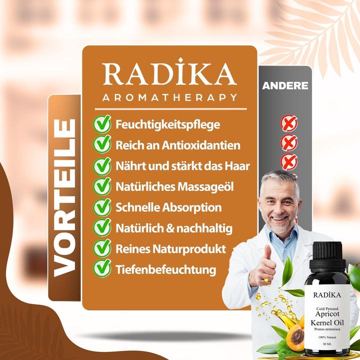 Actual product image Radika Apricot kernel oil, cold-pressed, 100% pure, organic, natural, 30 ml (Body oil, 30 ml)