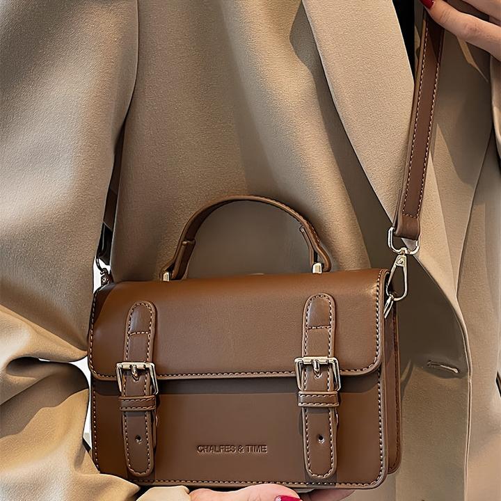 Immagine prodotto Only-Bags.Store Borsa preppy quadrata a tracolla in tinta unita, borsa a tracolla con patta con fibbie, marrone