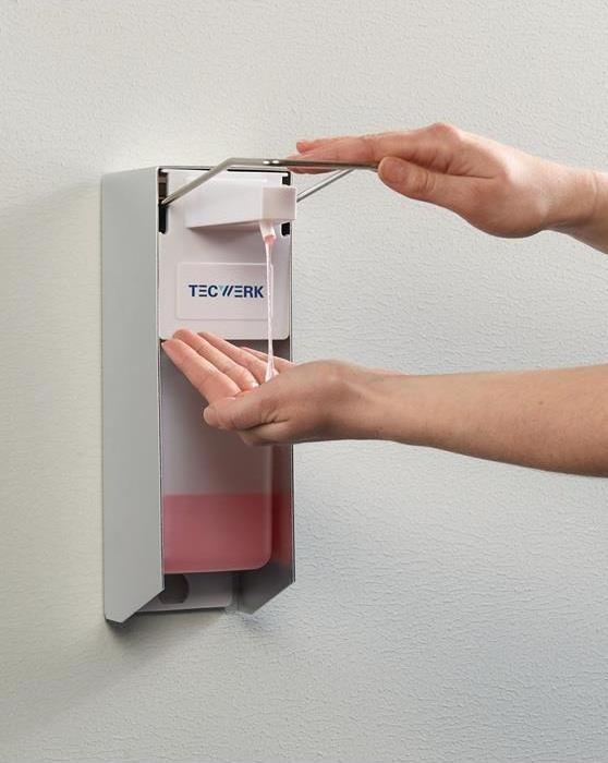 Actual product image Tecwerk Disinfectant and soap dispensers H165xW95xD290 approx. mm ABS with lever white