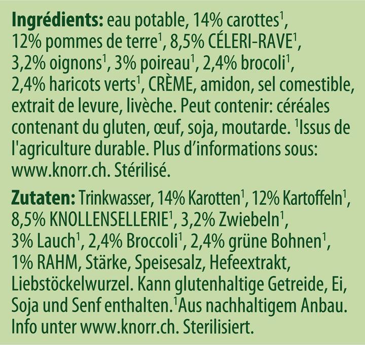 Nutritional values and ingredients Knorr Vegetable soup combi block, soup with broccoli, carrots & leeks, ready meal to heat up (500 ml)