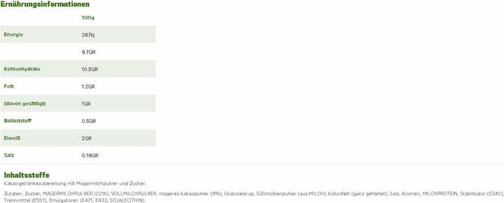 Valeurs nutritives et ingrédients Tassimo Milka Kakao-Spezialität (1000 g)