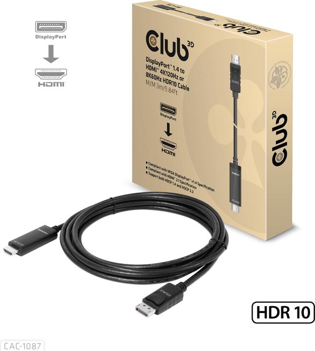 Club 3D HDMI (Typ A) — DisplayPort (3 m, DisplayPort)