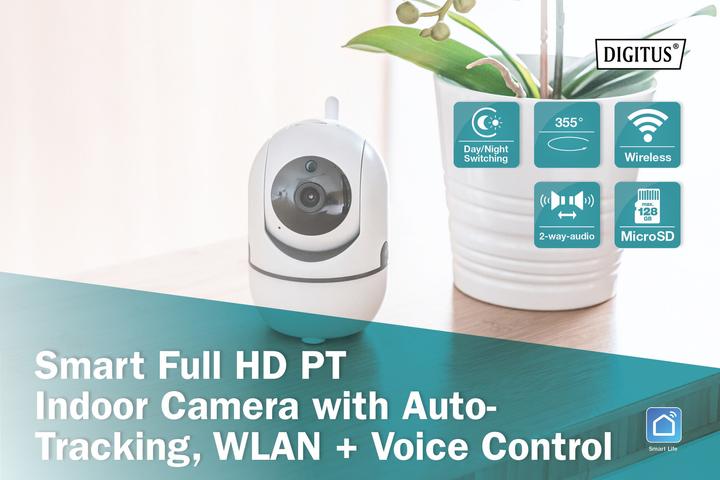 Produktbild Digitus Smarte Full HD PT-Innenkamera mit Auto-Tracking, WLAN + Sprachsteuerung (1920 x 1080 Pixels)