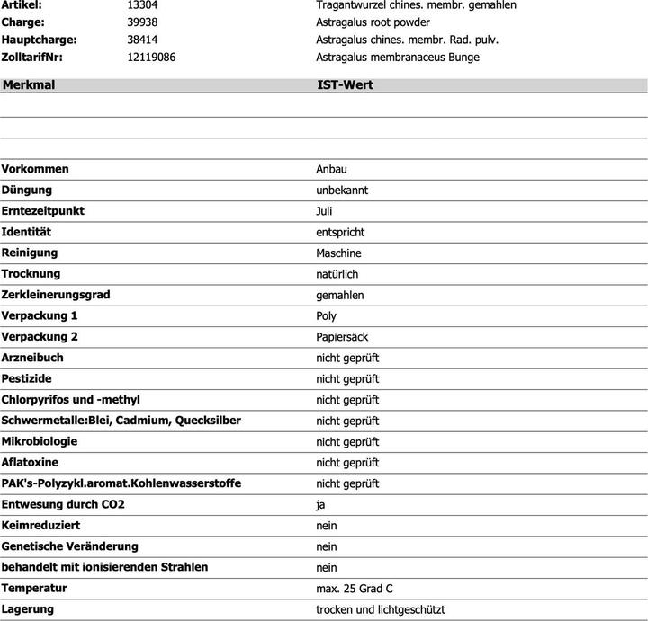 Nährwerte und Zutaten Zimmerli Adaptogene Astragalus Kapseln 50 Kapseln (1 Stück, Kapseln, 25 g)