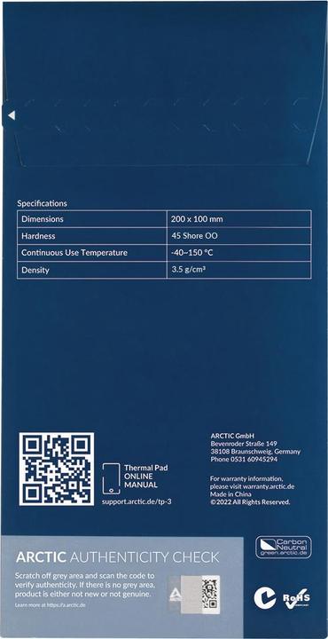 Actual product image Arctic TP-3 (200x100mm, t:1.5mm) Pack of 2pcs (1.50 mm, 6 W/m K)