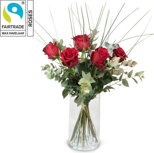 Image du produit Fleurop 5 roses rouges de Fairtrade Max Havelaar avec verdure (Fleurs coupées)