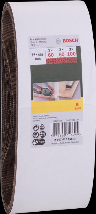 Actual product image Bosch Zubehör Sanding belt set for belt sander, 9 pieces, 75 x 457 mm, grit 60, 80, 100 (60, 80, 100)