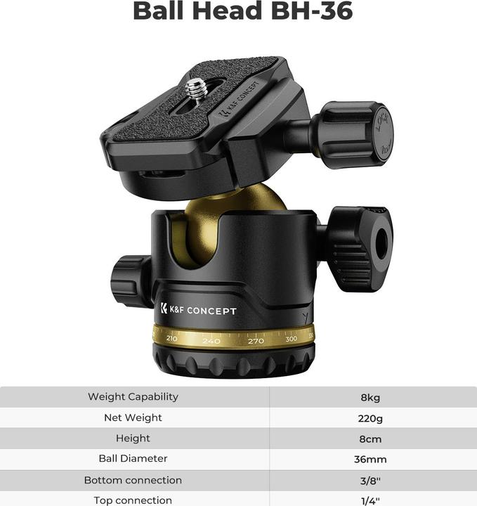 Immagine prodotto K&F Concept K234A3+BH-36L +Clip per iPhone Treppiede in lega di alluminio e magnesio (Metallo)