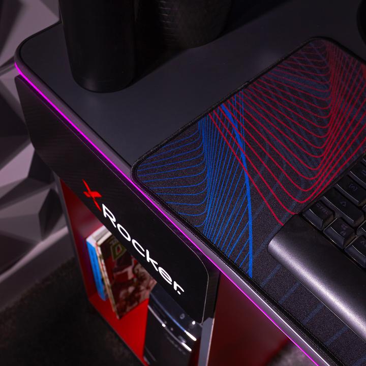 Image du produit X Rocker Bureau de jeu Carbon-Tek avec chargeur sans fil et éclairage LED Gris/Rouge