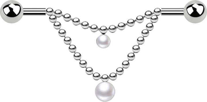Actual product image Star Piercing Barbell silver two balls two chains pearl white (Surgical steel 316L)