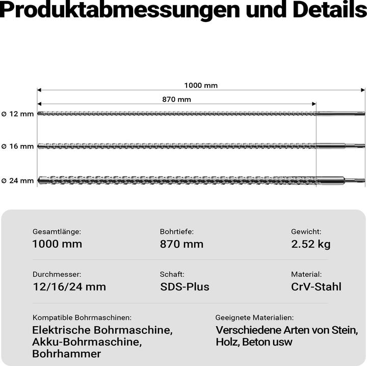 Produktbild Wiltec SDS Bohrer 3tlg Ø12/16/24 mm 1000mm Länge Hammerbohrer Durchbruchbohrer (12 mm, 24 mm, 16 mm)