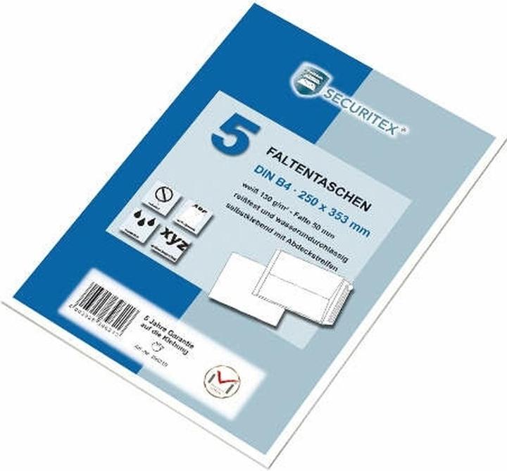 Actual product image Securitex Folded envelope, B4, white, without window 130 gsm, fold: 50 mm, dimensions: (W)250 x (H)353 mm (5 x)