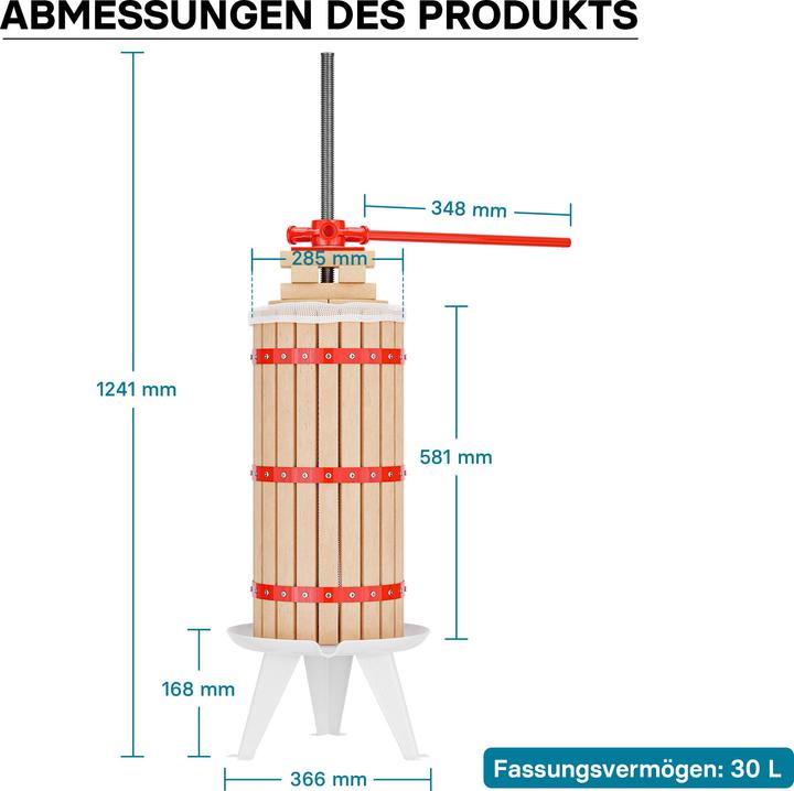 Produktbild Wiltec Obstpresse 30L mit 3x Presstuch Maischepresse Weinpresse Saftpresse