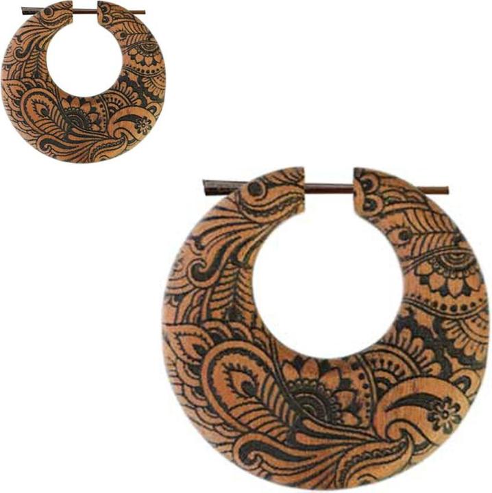 Produktbild Star Piercing Ohrring Teller Blumenwiese Graviert aus Saba Holz (Organisch, ohne Messing)