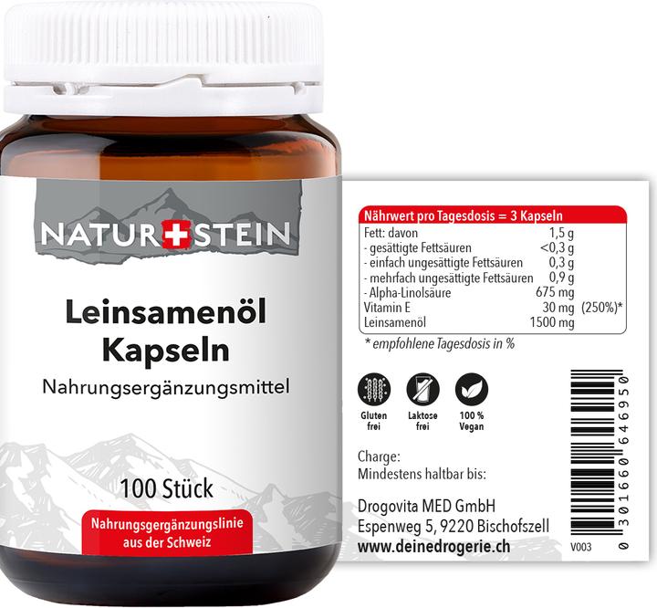Nutritional values and ingredients Naturstein Flaxseed oil capsule (100 Piece, Capsules, 174 g)