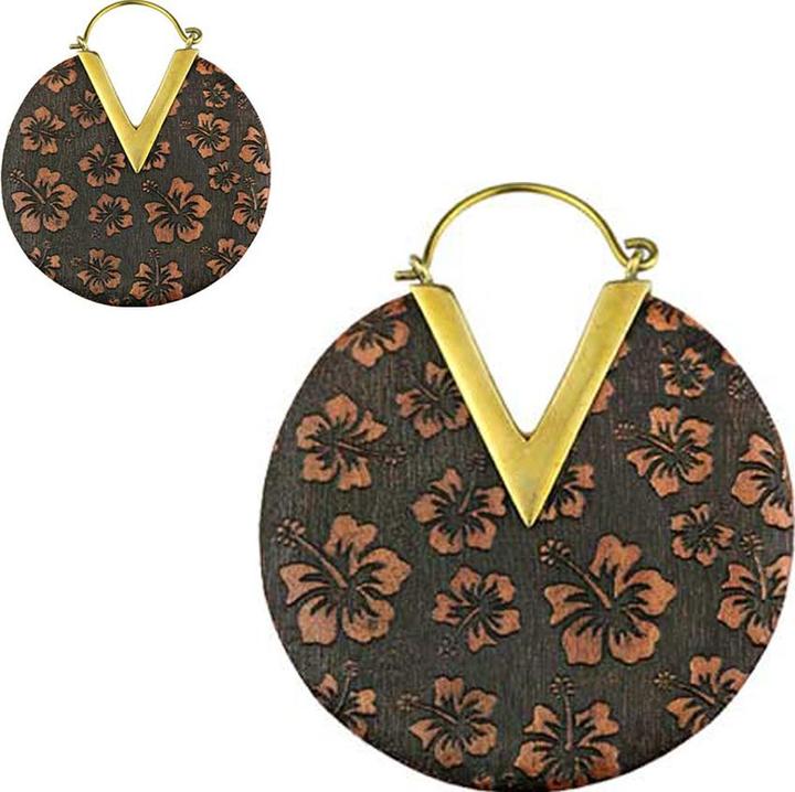 Produktbild Star Piercing Ohrring vergoldet Teller Hibiskusblüten Graviert aus Sawo Holz (Organischohne Messing, Chirurgenstahl 316Lohne Messing)