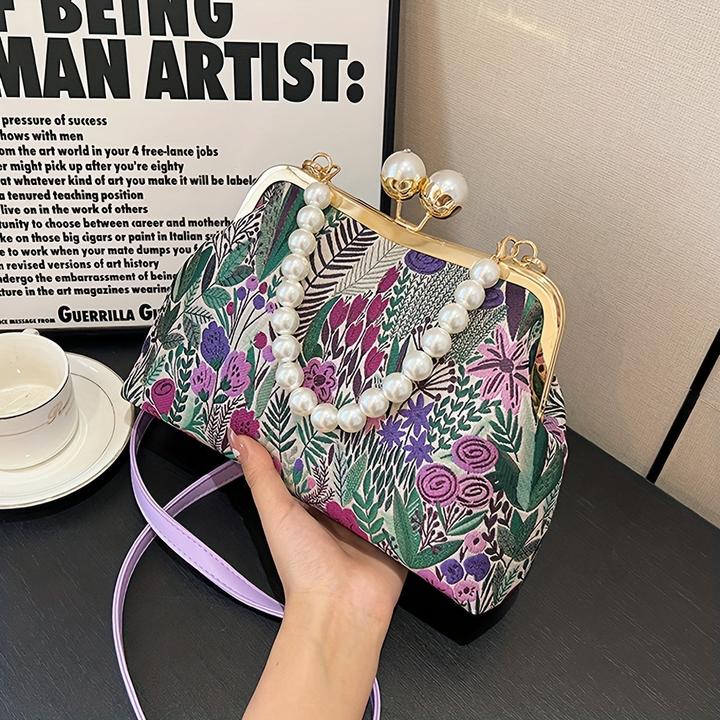 Produktbild Only-Bags.Store Vintage-inspirierten Blumenmuster Design Kupplung Tasche mit faux Perle Griff, modische