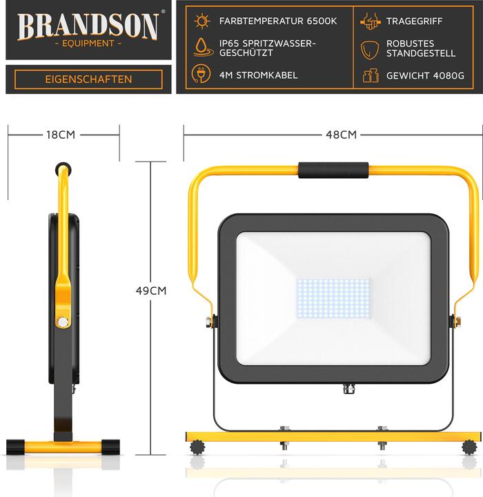 Immagine prodotto Brandson Faretto da costruzione, luce da lavoro a LED da 100W, maniglia per il trasporto, 10000 lumen (9500 lm)
