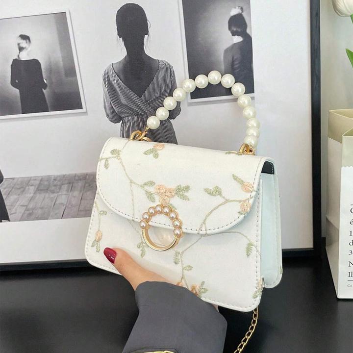 Immagine prodotto Only-Bags.Store Elegante, floral bestickte, quadratische Mini-Tasche mit Kunstperlen-Akzenten und verstellbarem
