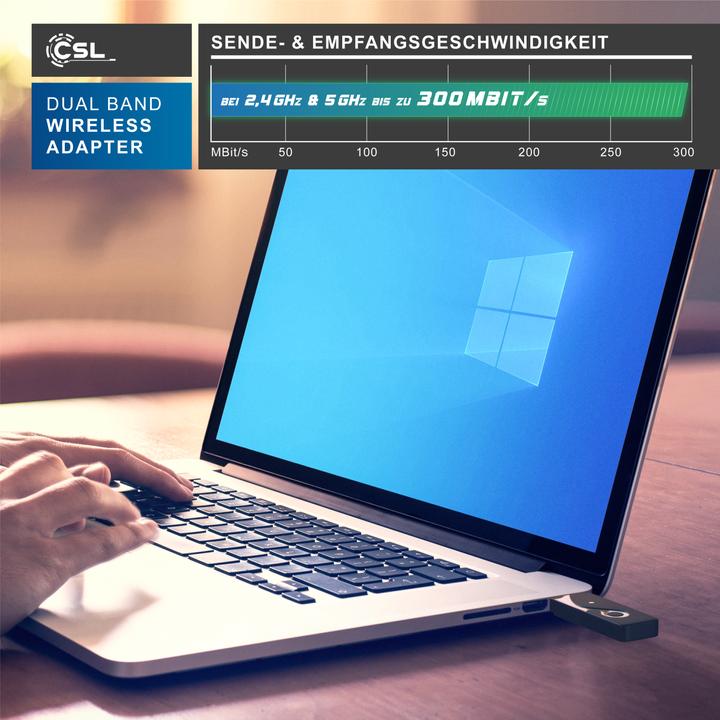 Produktbild CSL WLAN USB Adapter 600 MBit/s Dual Band Stick WiFi Adapter 300 Mbps 2,4GHz 300 Mbps 5GHz Windows 11 (USB 2.0)