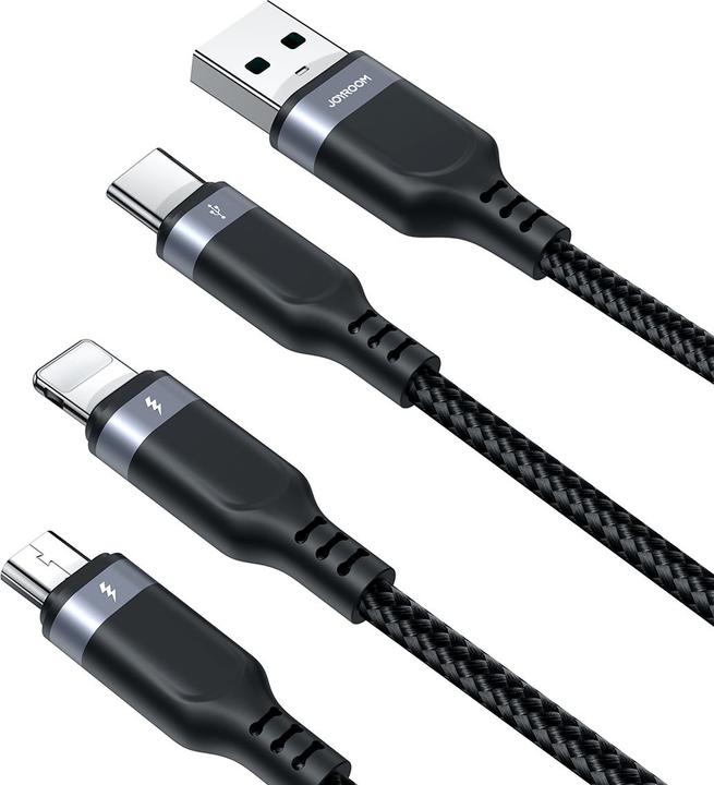 Actual product image Joyroom Multi-Use Series S-A18 3in1 USB-A - Lightning / USB-C / micro USB cable 1.2m - black (1.20 m, USB 3.2 Gen 1)
