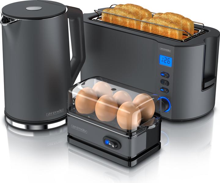 Actual product image Arendo Breakfast set, kettle 1.5l temperature selection, 4-slice toaster & egg cooker for 6 eggs, grey