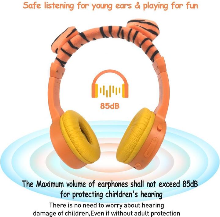 Immagine prodotto PhoneLook Custodia cool sans fil Bluetooth 5.3 per bambini con volume attenuato 85dB e design divertente Tigre
