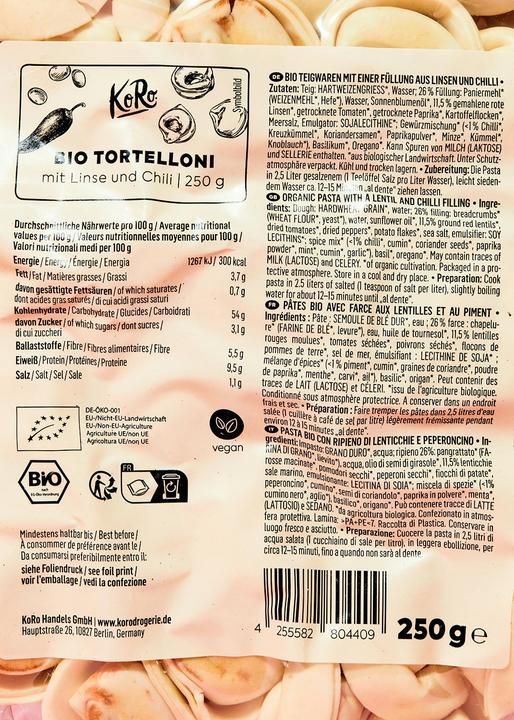 Nährwerte und Zutaten KoRo Bio Teigwaren mit einer Füllung aus Linsen und Chili (3000 g)