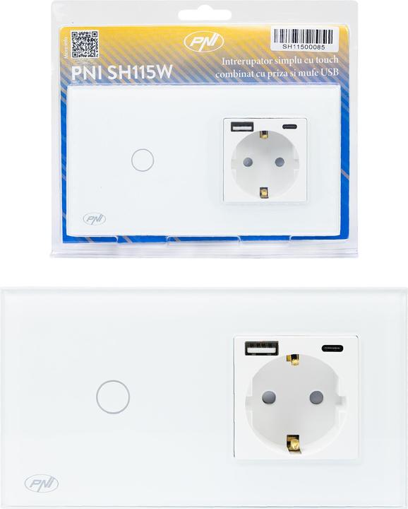 Actual product image PNI SH115W simple glass switch with touch, combined with Schuko socket outlet and USB plugs