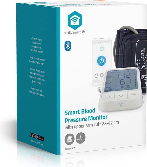Produktbild Nedis SmartLife Blutdruckmessgerät | Arm | Bluetooth | LCD-Anzeige | 22 - 42 cm | Anzeige des Stillh (Blutdruckmessgerät Oberarm)