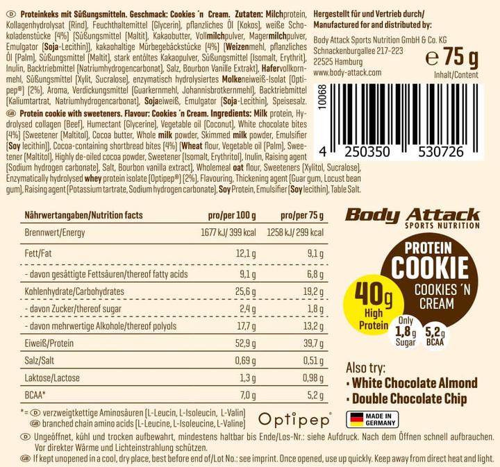 Valori nutrizionali e ingredienti Body Attack Biscotto proteico (75g) (Doppio Chip al Cioccolato, Cioccolato bianco, 1 pz., 75 g)