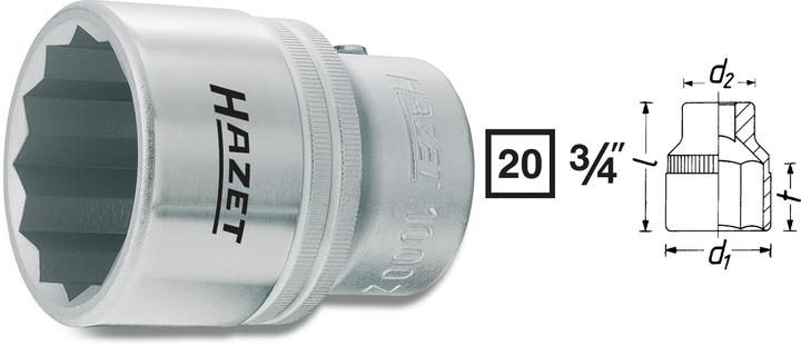 Actual product image HAZET Socket ∙ 12-point 1000Z-30 ∙ Square, hollow 20 mm (3/4 inch) ∙ Outside 12-point profile ∙ 30 … (30 mm)