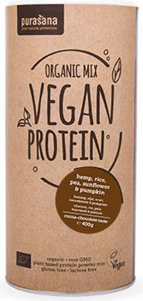 Actual product image Purasana Vegan Protein Mix - Hemp / Pea / Rice / Sunflower & Pumpkin (400g tin) (Cocoa chocolate, 1 pcs., 400 g)