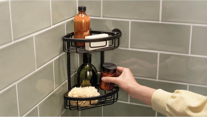 Actual product image tesa ALUXX BLACK corner shower basket incl. adhesive solution without drilling (17.5 x 17.5 x 34.5 cm)