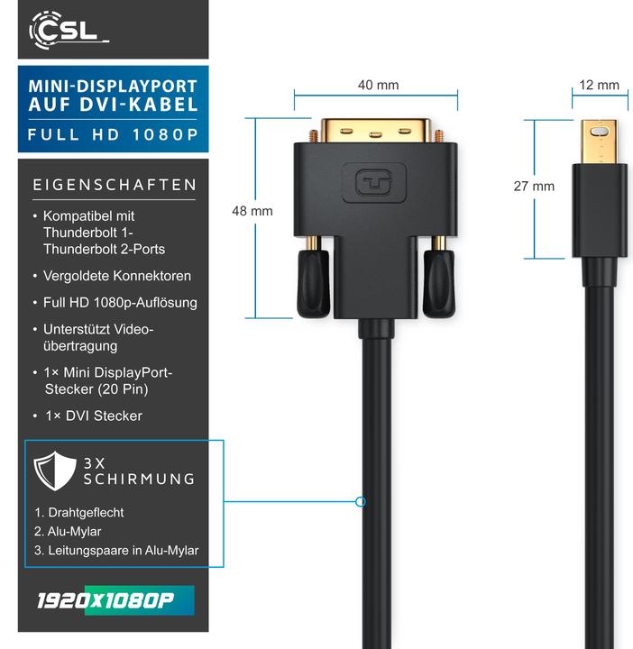 Image du produit CSL Câble vidéo Mini DisplayPort vers DVI, câble adaptateur de moniteur miniDP, pour Apple, PC et (2 m, DisplayPort, DVI)