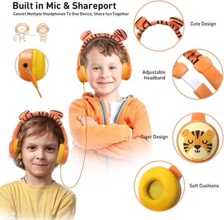 Immagine prodotto PhoneLook Custodia cool sans fil Bluetooth 5.3 per bambini con volume attenuato 85dB e design divertente Tigre