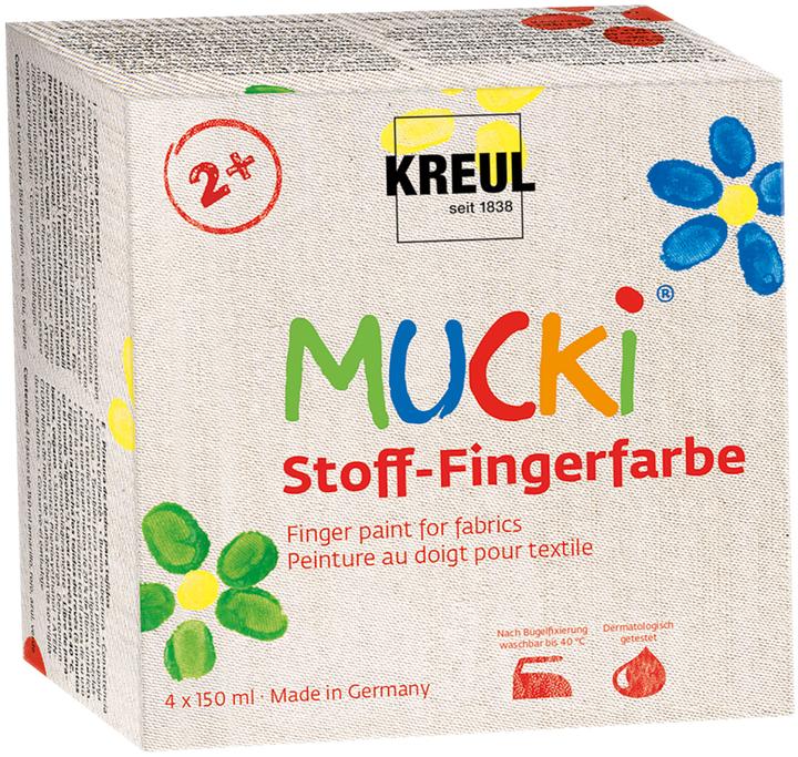 Kreul Mucki Fingerfarbe Textil 4er Set (Gelb, Rot, Blau, Grün, 600 ml)