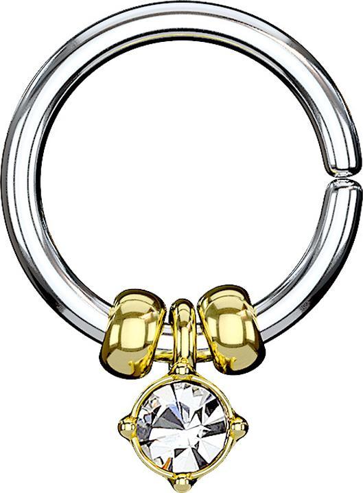 Produktbild Star Piercing Micro Piercing Ring silber mit Kristallanhänger und Stahlperlen vergoldet (Messing, Chirurgenstahl 316L)