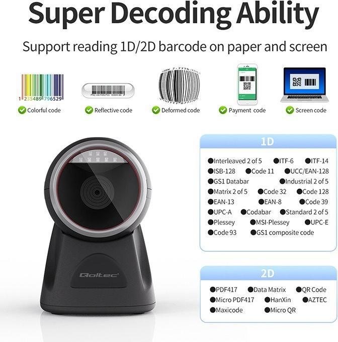 Image du produit Qoltec Lecteur de précision de bureau Lecteur de codes à barres 1D et QR | 2D