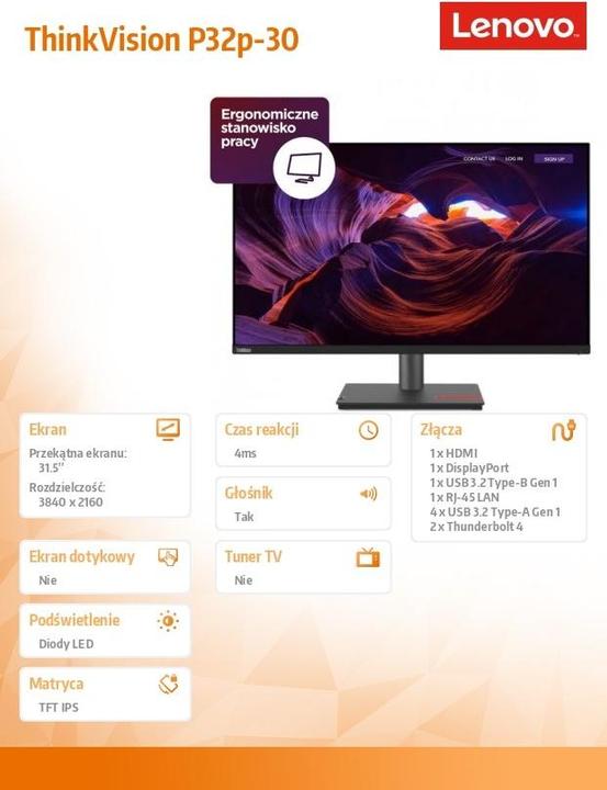 Image du produit Lenovo ThinkVision P32p-30 (3840 x 2160 pixels, 31.50")