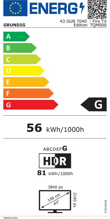 Label énergétique Grundig 43 GUB 7040 - Fire TV Edition - 108 cm (43") (43", LCD, 4K)